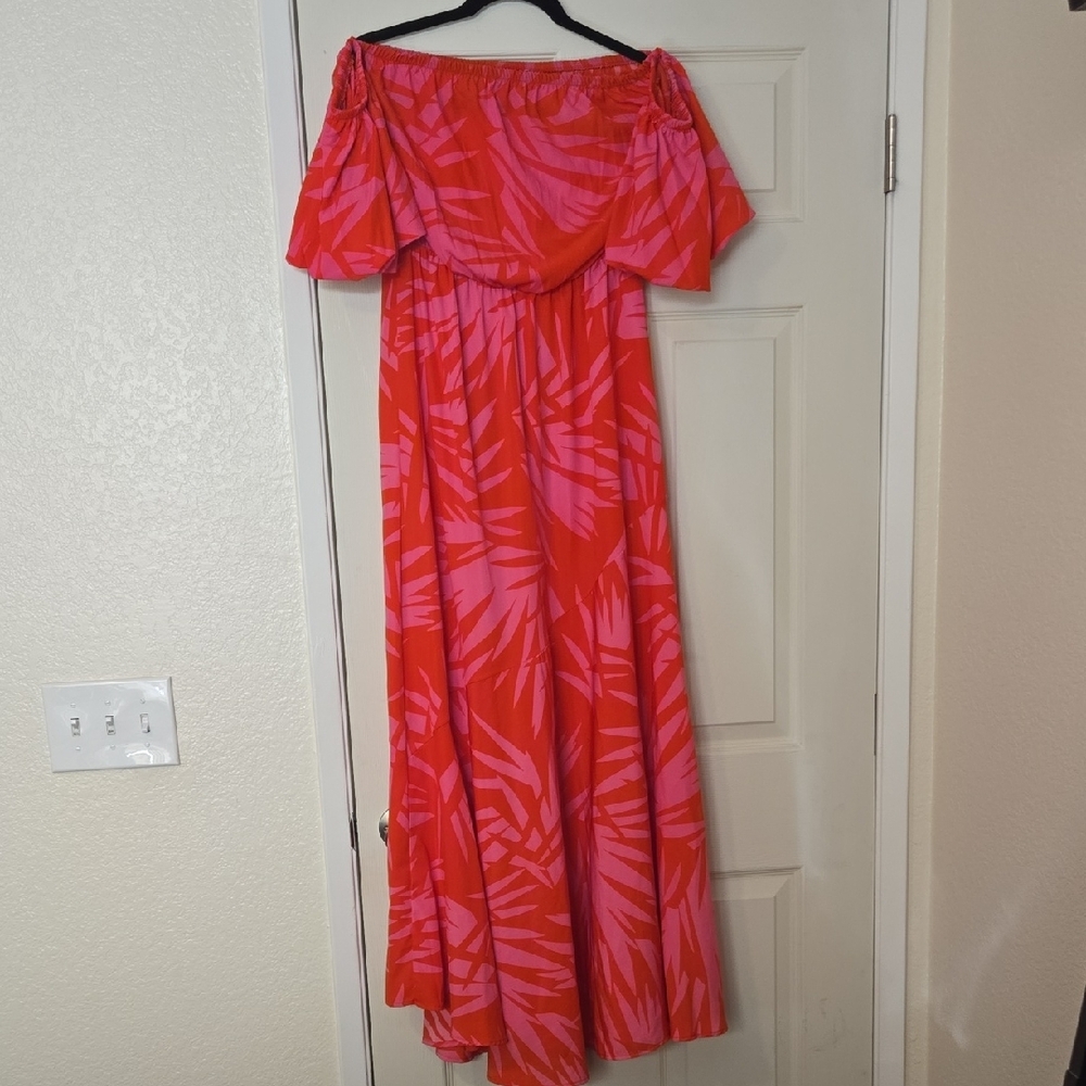 Vici Red and Pink Off-Shoulder Flutter Sleeve Maxi Sundress